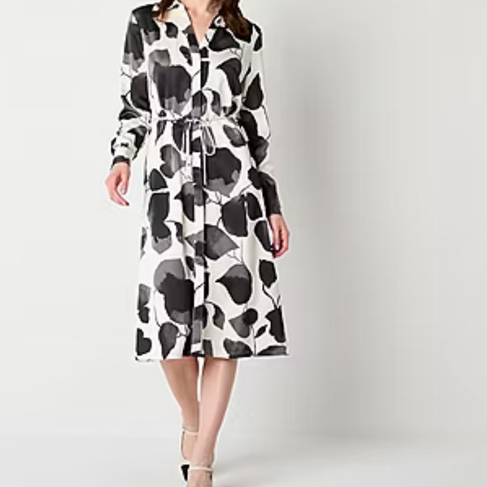 Worthington Black/🤍🩶 White Tie Front Shirt Dress - Picture 8 of 8